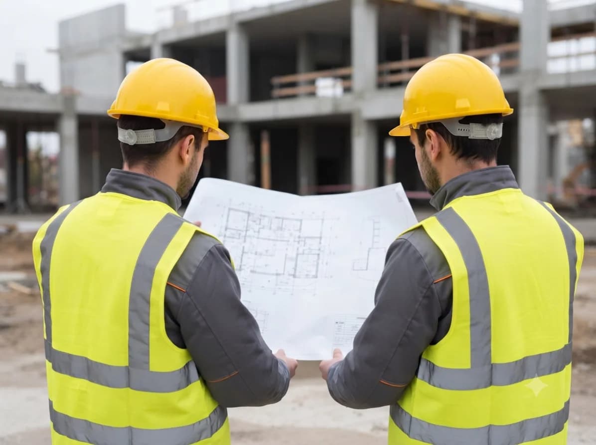 Universal engineers reviewing a blueprint on site