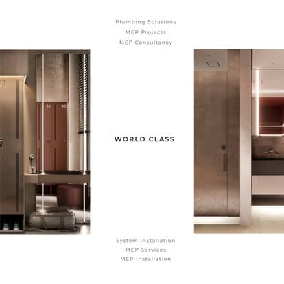 World Class — editorial layout card: plumbing solutions, MEP projects and consultancy